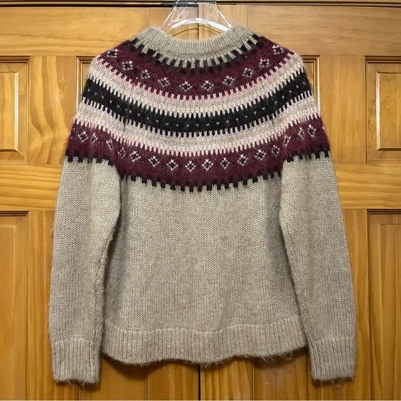 Madewell Alpaca Blend Tan and Wine Crew Neck Sweater with Fair Isle Pattern - Picture 5 of 10